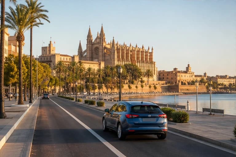 Rental car on a palm-lined waterfront road in Palma de Mallorca