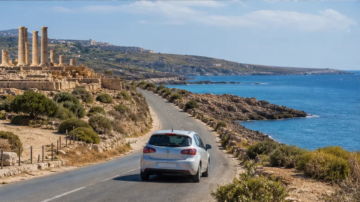 Rental car on a coastal road near Paphos in western Cyprus
