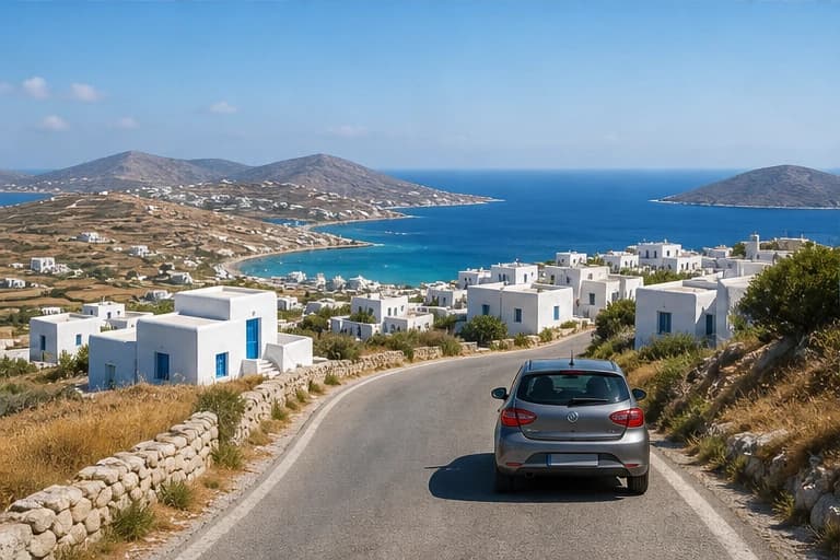 Rental car on a whitewashed island road near the blue Aegean on Paros