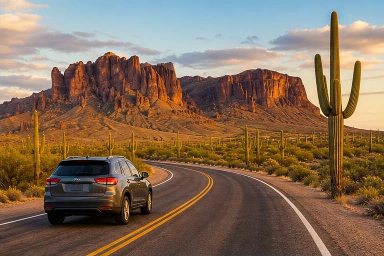 Rental car on a desert road among saguaro cacti outside Phoenix