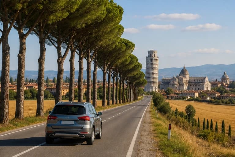 Rental car on a cypress-lined road through the Tuscan countryside near Pisa