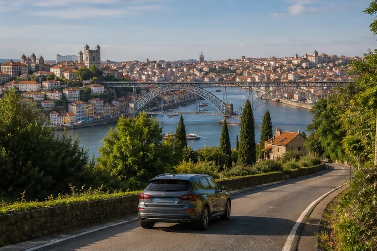 Rental car on a vineyard road above the Douro River near Porto
