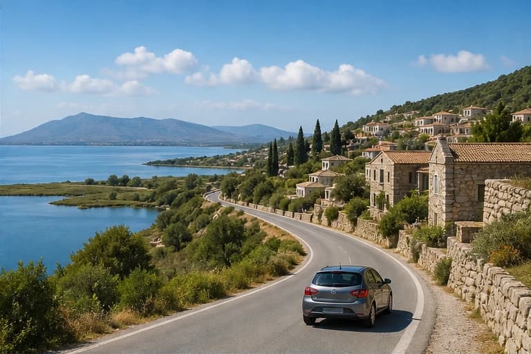 Rental car crossing a causeway toward Lefkada near Preveza