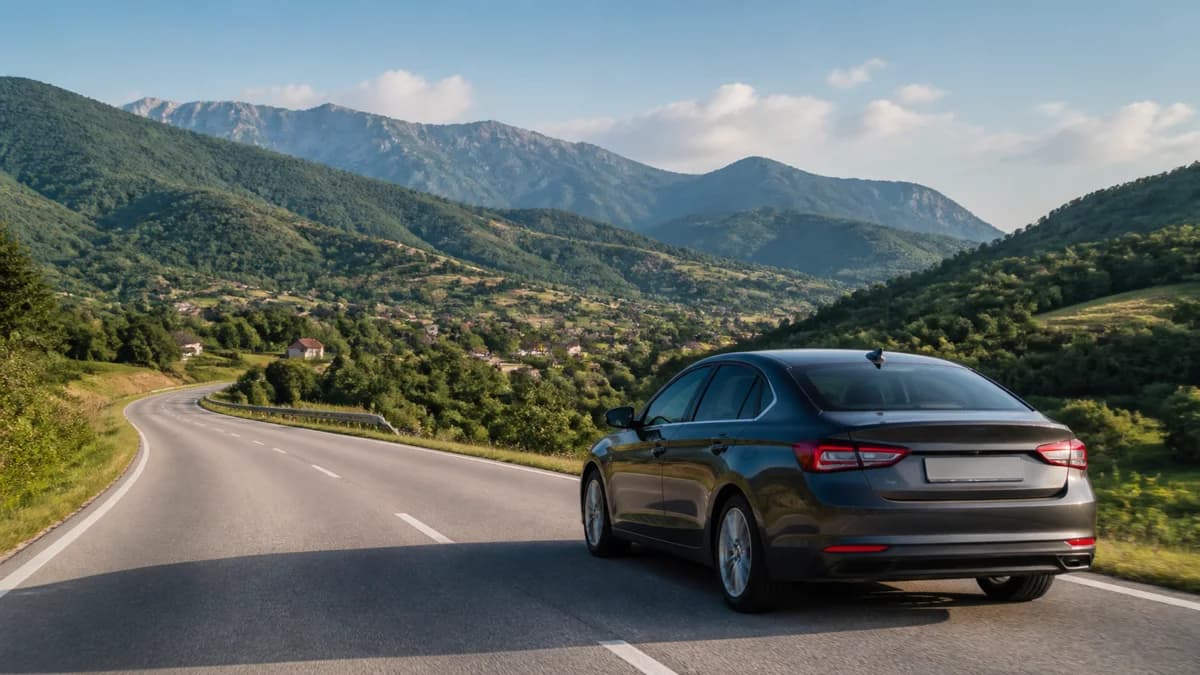 Rental car on an open road through green hills near Pristina in Kosovo