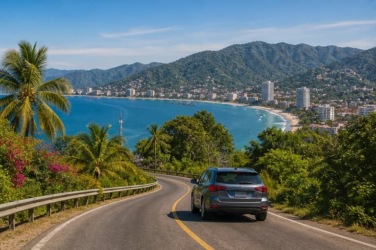 Rental car on a green Pacific coast road near Puerto Vallarta
