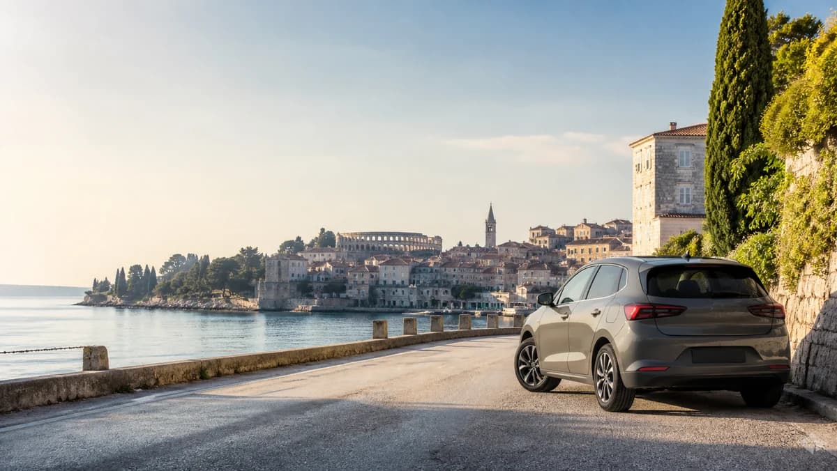 Rental car near Pula's Istrian coast with Mediterranean light and stone architecture