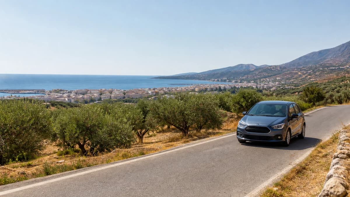 Rental car on a road near Rethymno Old Town, Crete