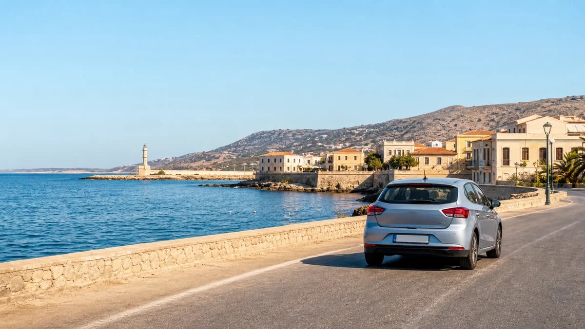 Rental car near Rethymno Port on Crete's north coast