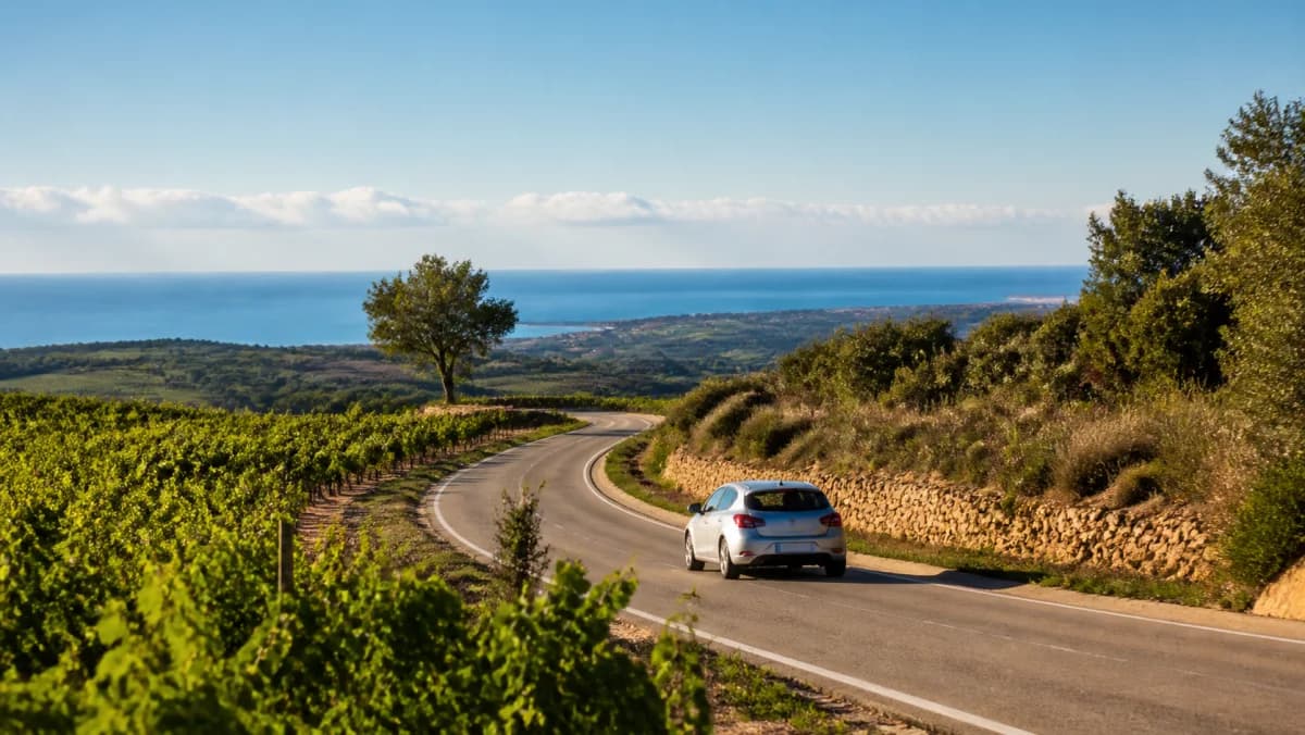 Rental car on a Mediterranean road near Reus and the Costa Daurada