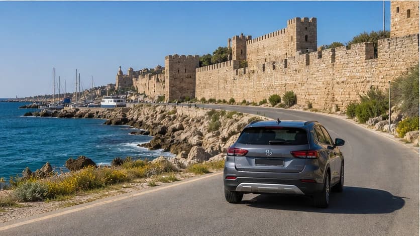 Rental car on a sunlit road above the sea on Rhodes