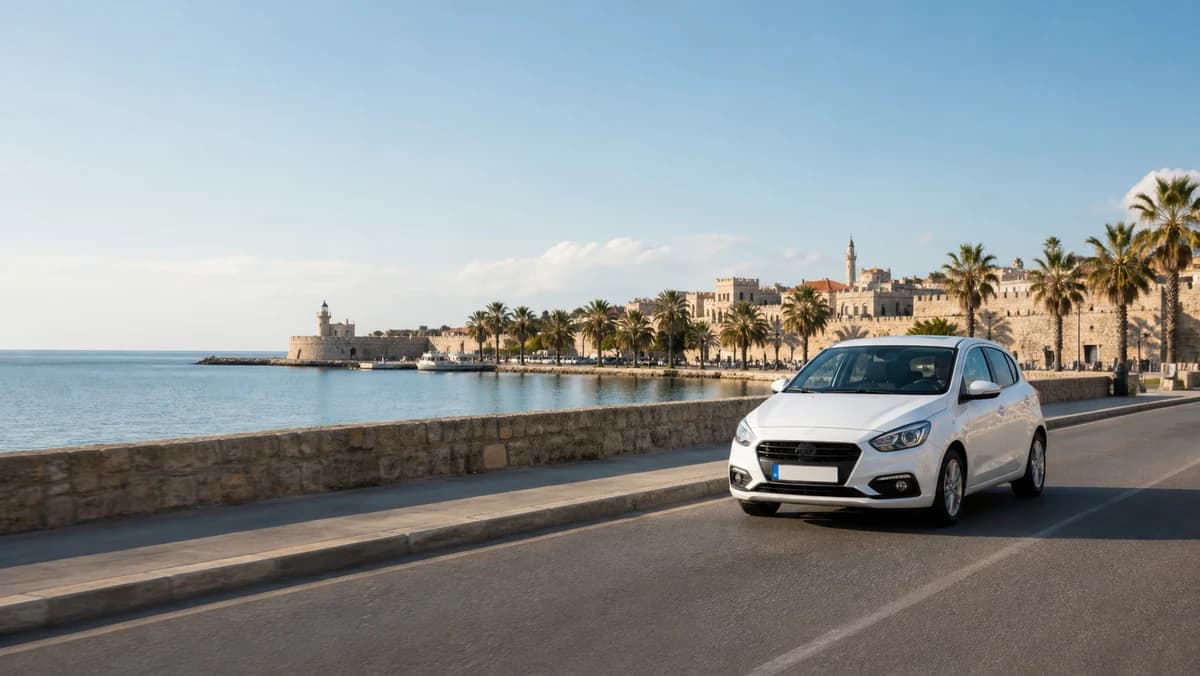 Rental car near Rhodes Port with the old town beyond