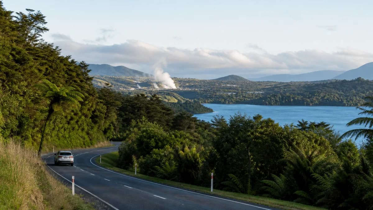 Rental car on a green Bay of Plenty road near Rotorua