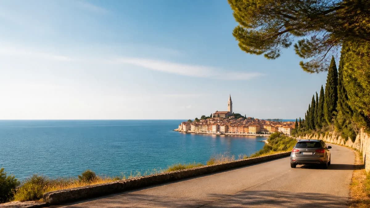 Rental car on a tree-lined Istrian road outside Rovinj, Croatia