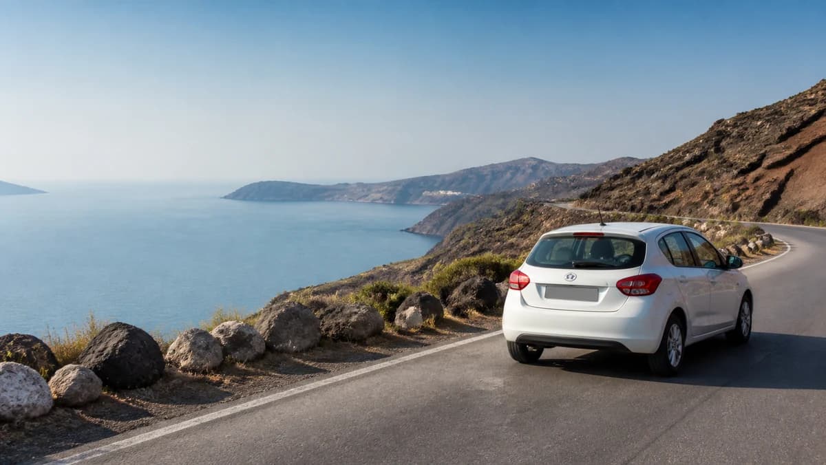 Rental car on a volcanic road near Santorini Port