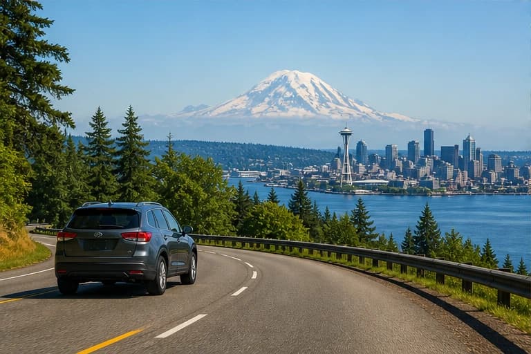 Rental car on an evergreen mountain road near Seattle