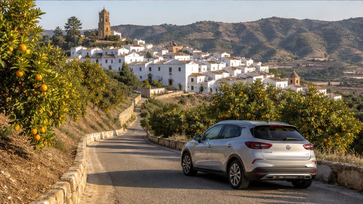 Rental car on a sunlit road through Andalusia near Seville