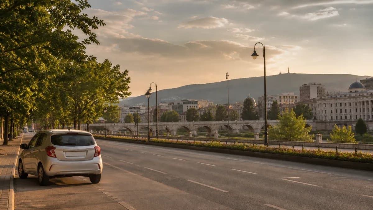 Compact rental car on a Skopje riverside road with the Stone Bridge and hills in the background