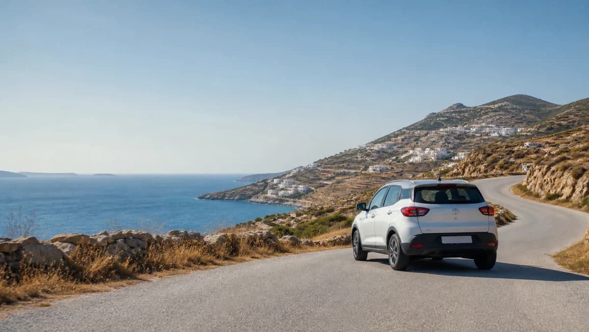 Rental car on a Syros island road near the airport