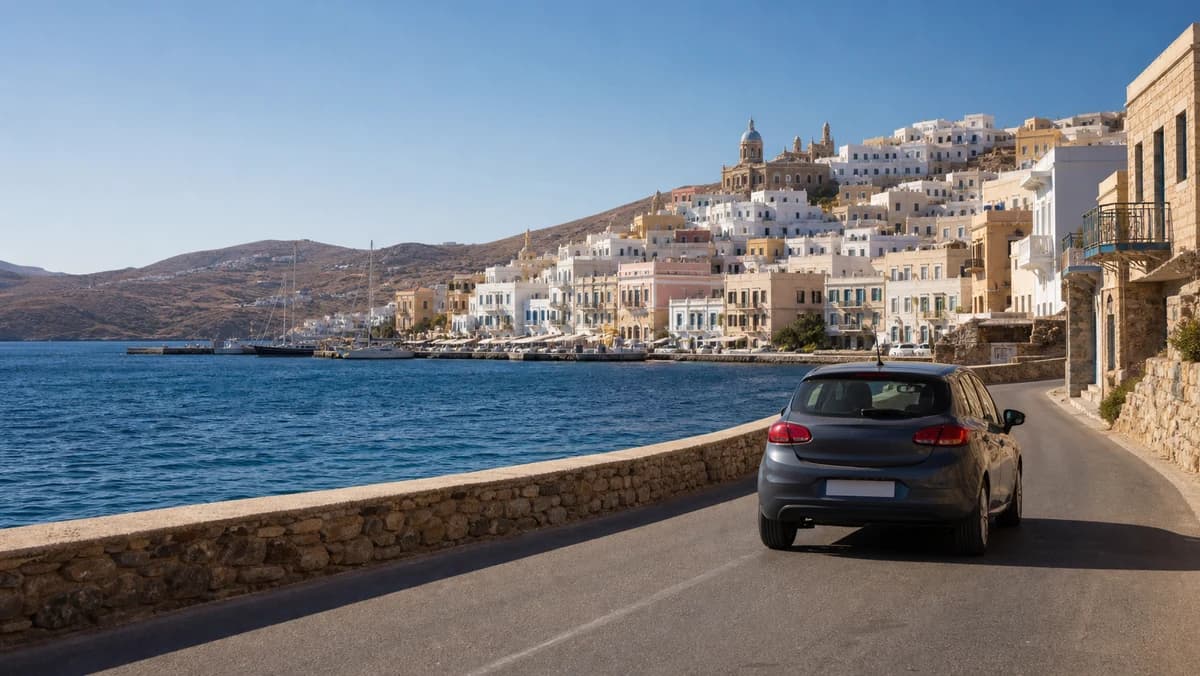 Rental car leaving Syros Port with Ermoupoli hills beyond