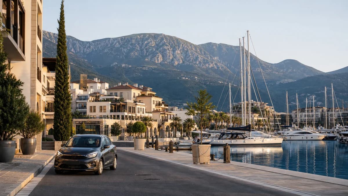 Rental car on the Porto Montenegro waterfront in Tivat with yachts and the Bay of Kotor mountains beyond