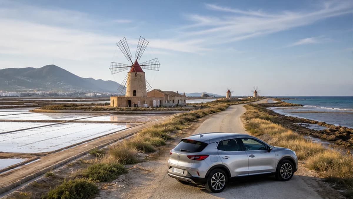 Rental car beside salt pans and the coast near Trapani in western Sicily