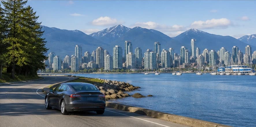 Rental car beside evergreen forest and blue water near Vancouver