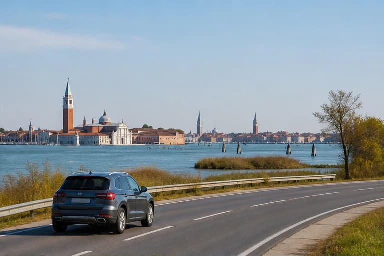 Rental car beside vineyards and foothills in Veneto near Venice