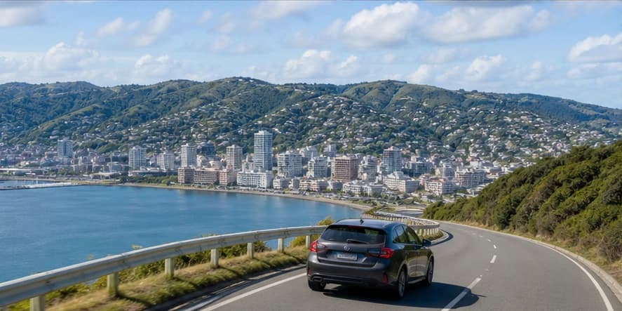Rental car on a windswept coastal road near Wellington in New Zealand