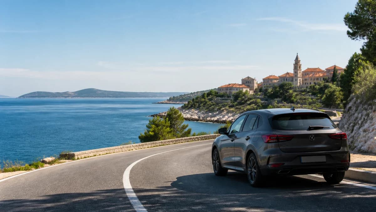 Rental car beside a sunny coastal road near Zadar's Dalmatian old town