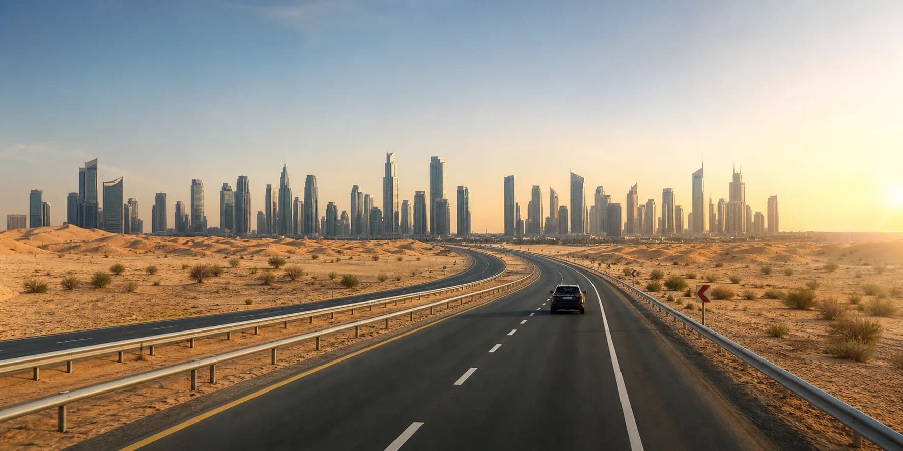 A desert highway leading toward the Dubai skyline