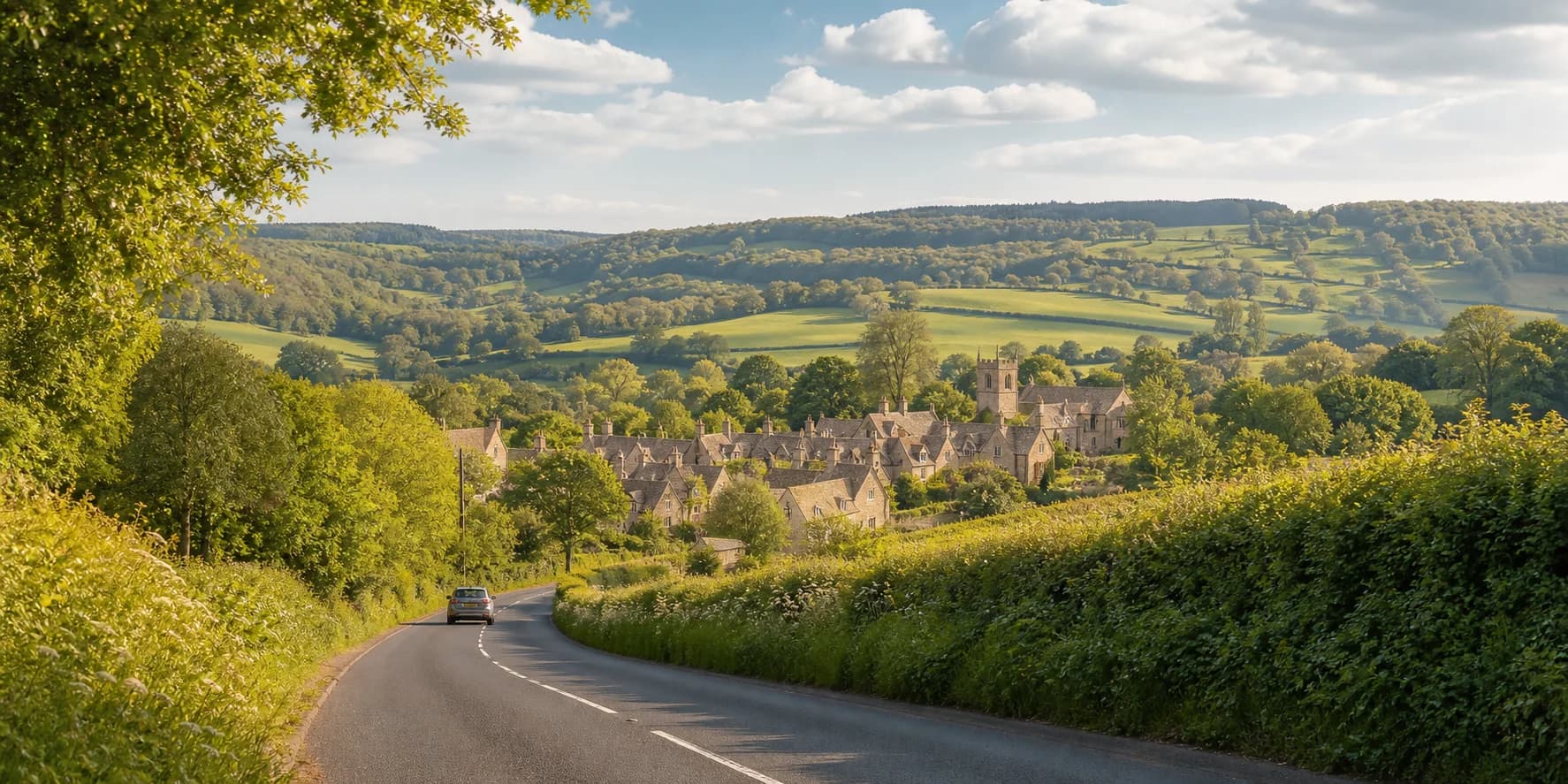A country road leading into a stone village in the English countryside