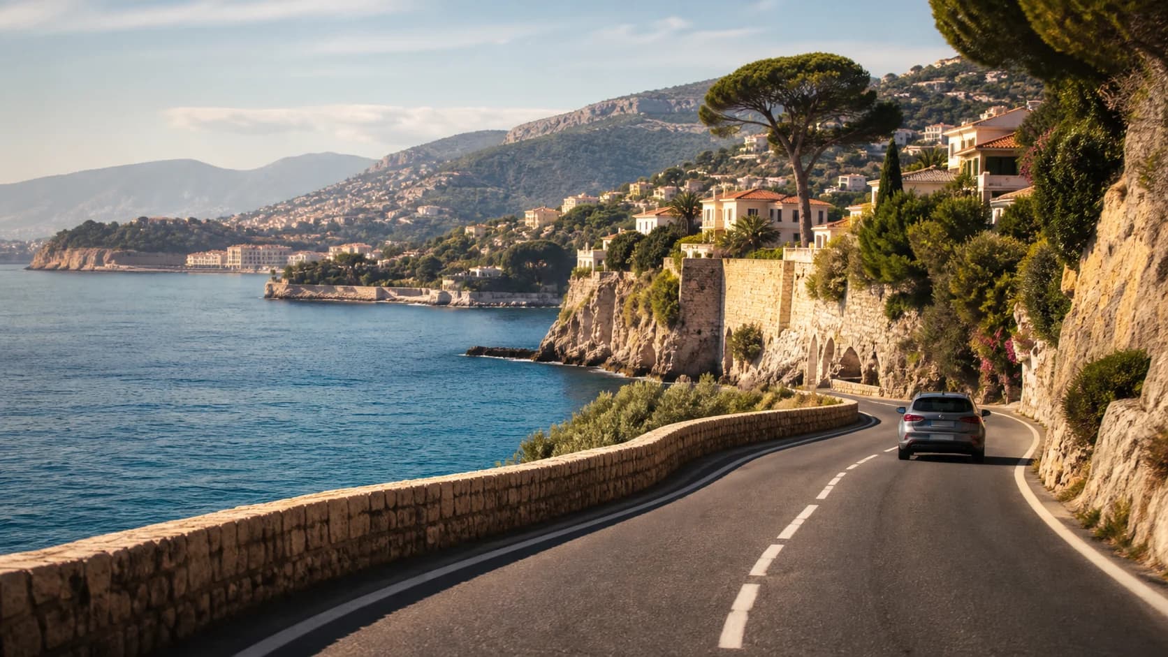 A rental car following a sunny coastal road beside the Mediterranean near Nice