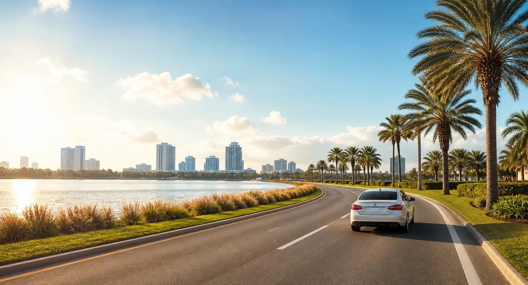 A rental car following a palm-lined road beside a lake in Orlando