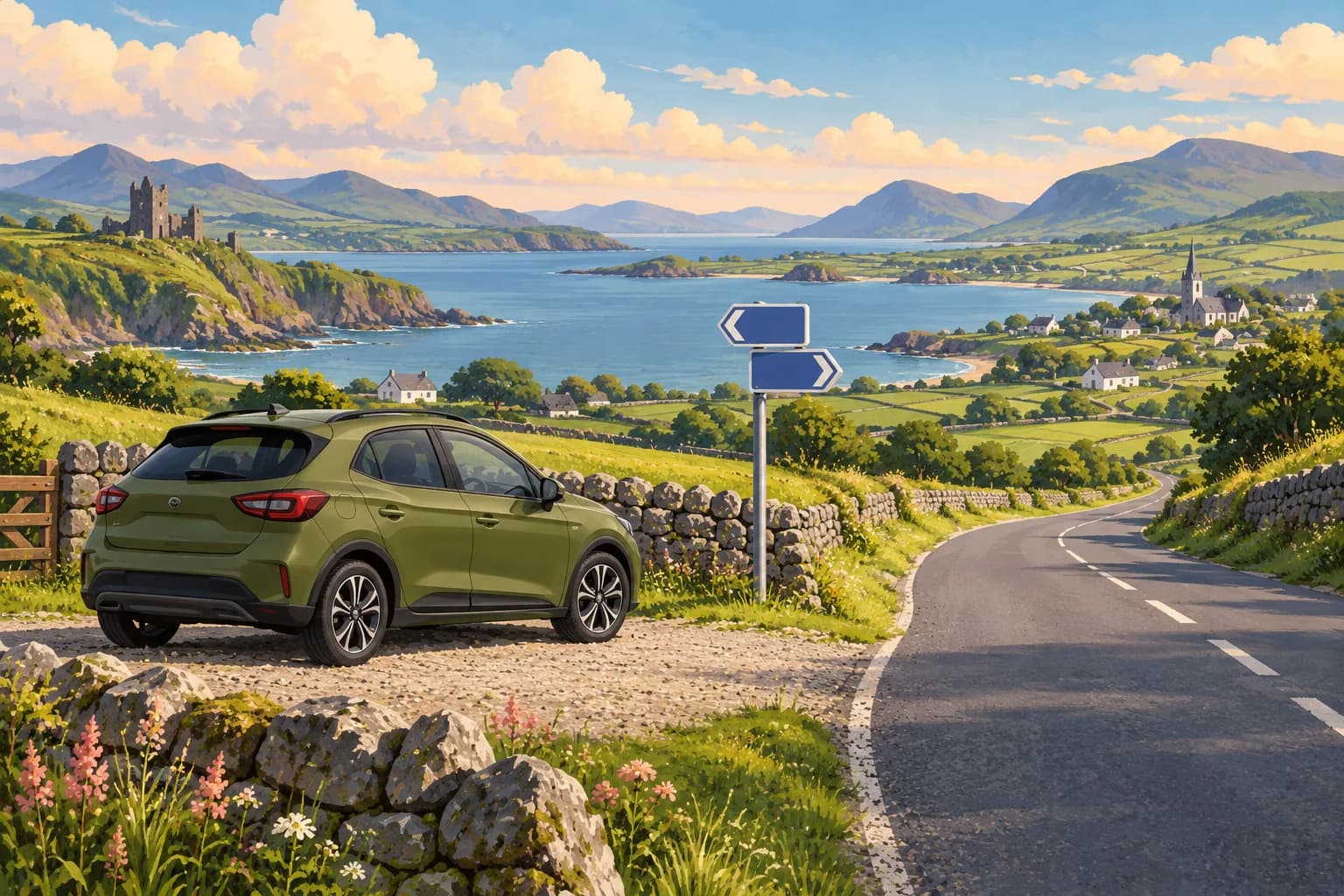 Conceptual Ireland driving illustration showing an olive rental crossover parked beside a rural road, stone walls, green fields and a lake.