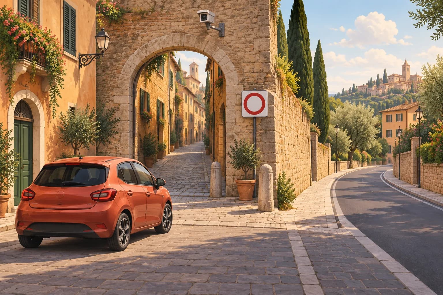 Italy ZTL illustration showing a coral hire car outside a stone town entrance with a restriction sign, camera and an alternative road
