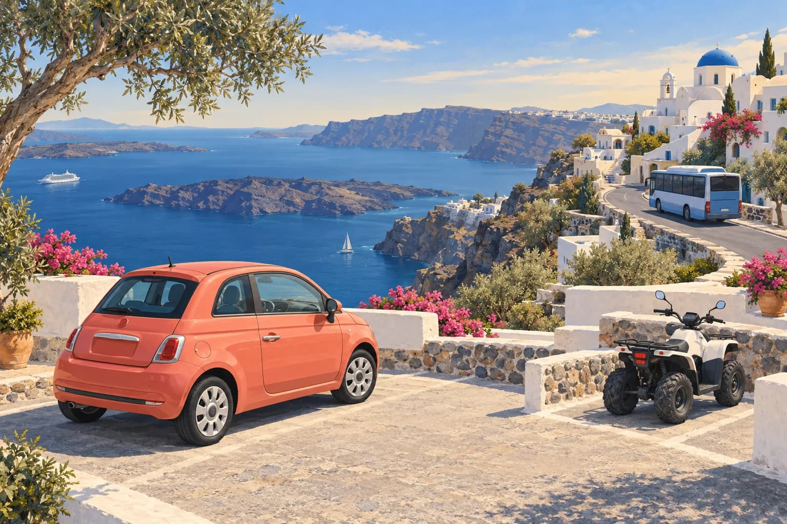 Santorini transport illustration showing a parked coral compact car, an unoccupied quad bike and a bus above a blue caldera and white village.