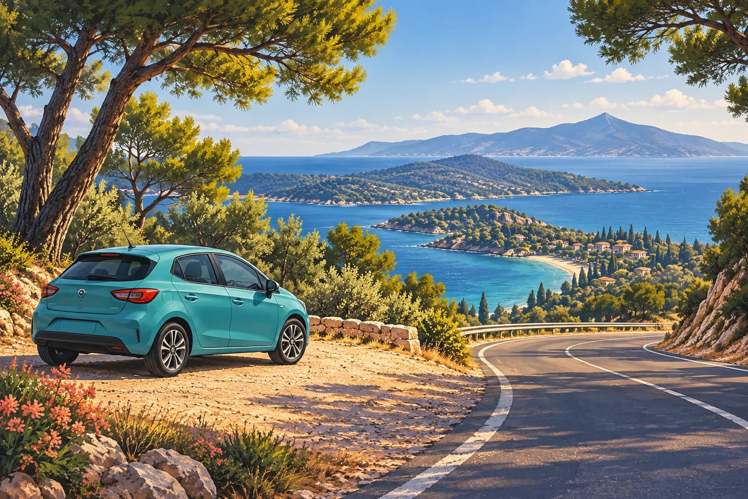 Thessaloniki to Halkidiki illustration showing a turquoise hatchback at a pine-shaded pull-in above a winding coastal road and blue sea