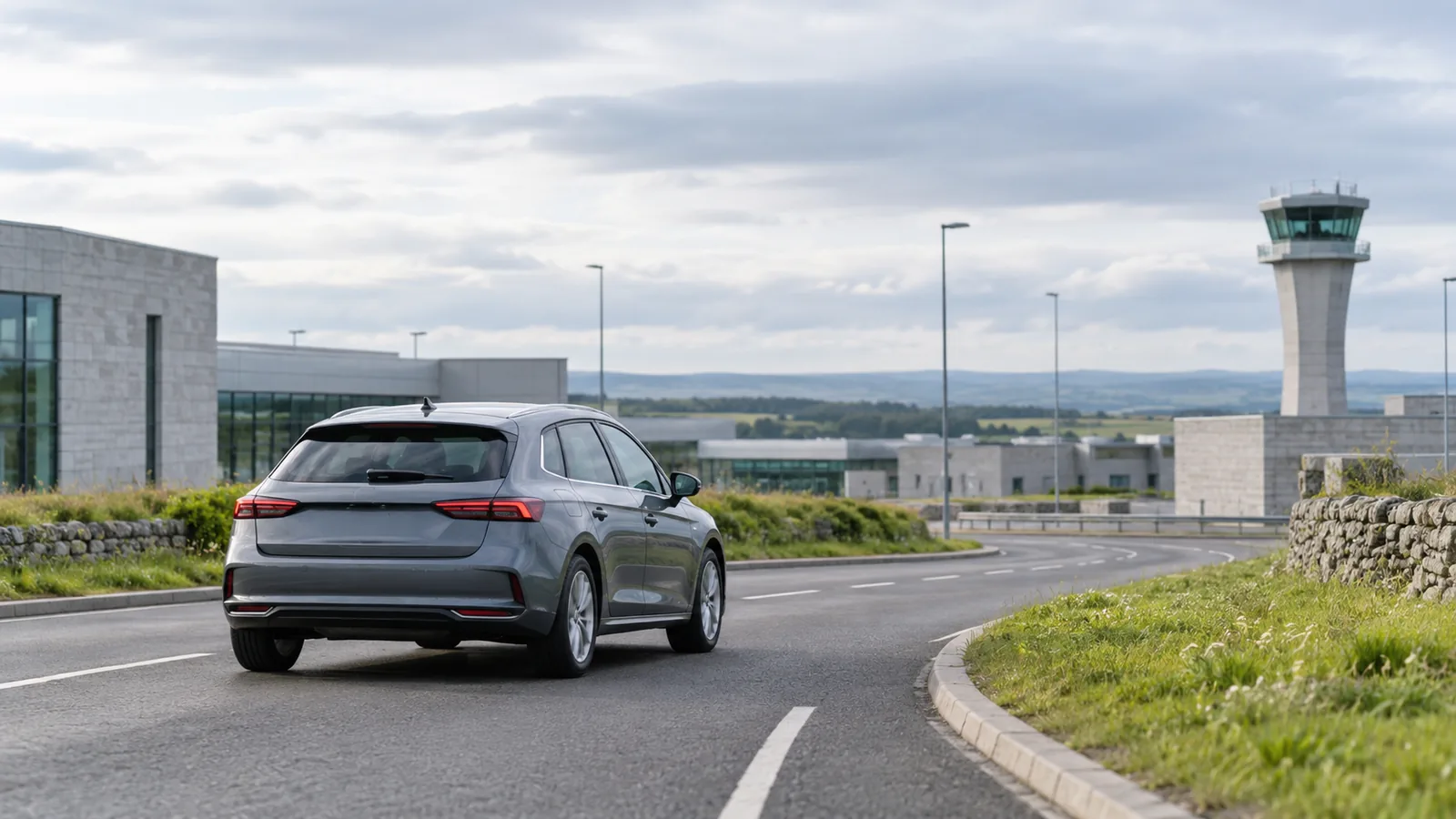 Conceptual Aberdeen Airport travel illustration showing a grey car on a paved road near a low airport building in soft daylight.