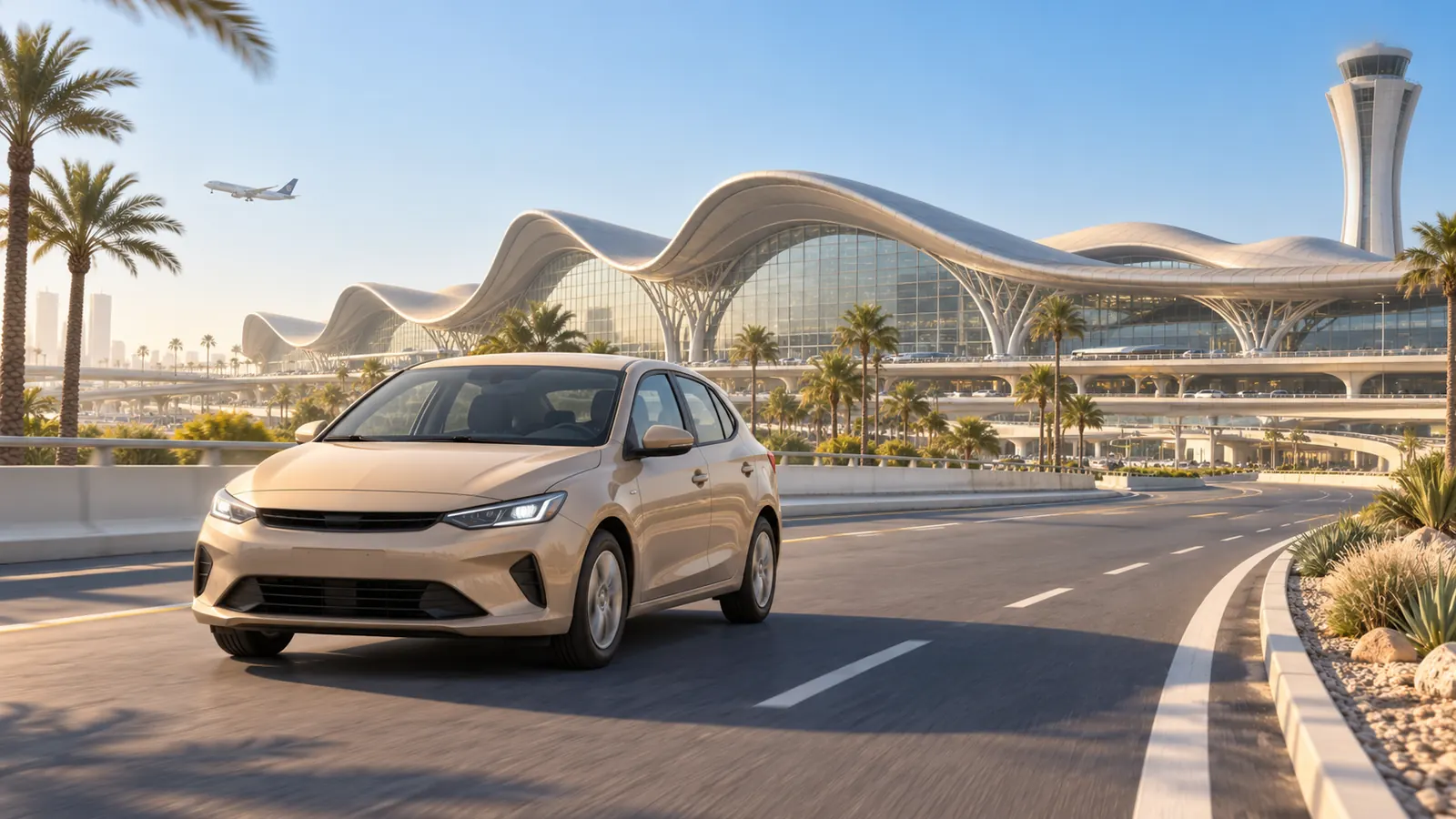 Conceptual Abu Dhabi airport travel illustration showing a sand-coloured car on a paved approach with terminal roof and palms beyond.