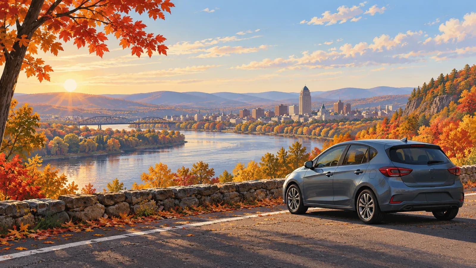 Albany car rental illustration showing an unbranded car by the Hudson River with autumn trees and a distant skyline.