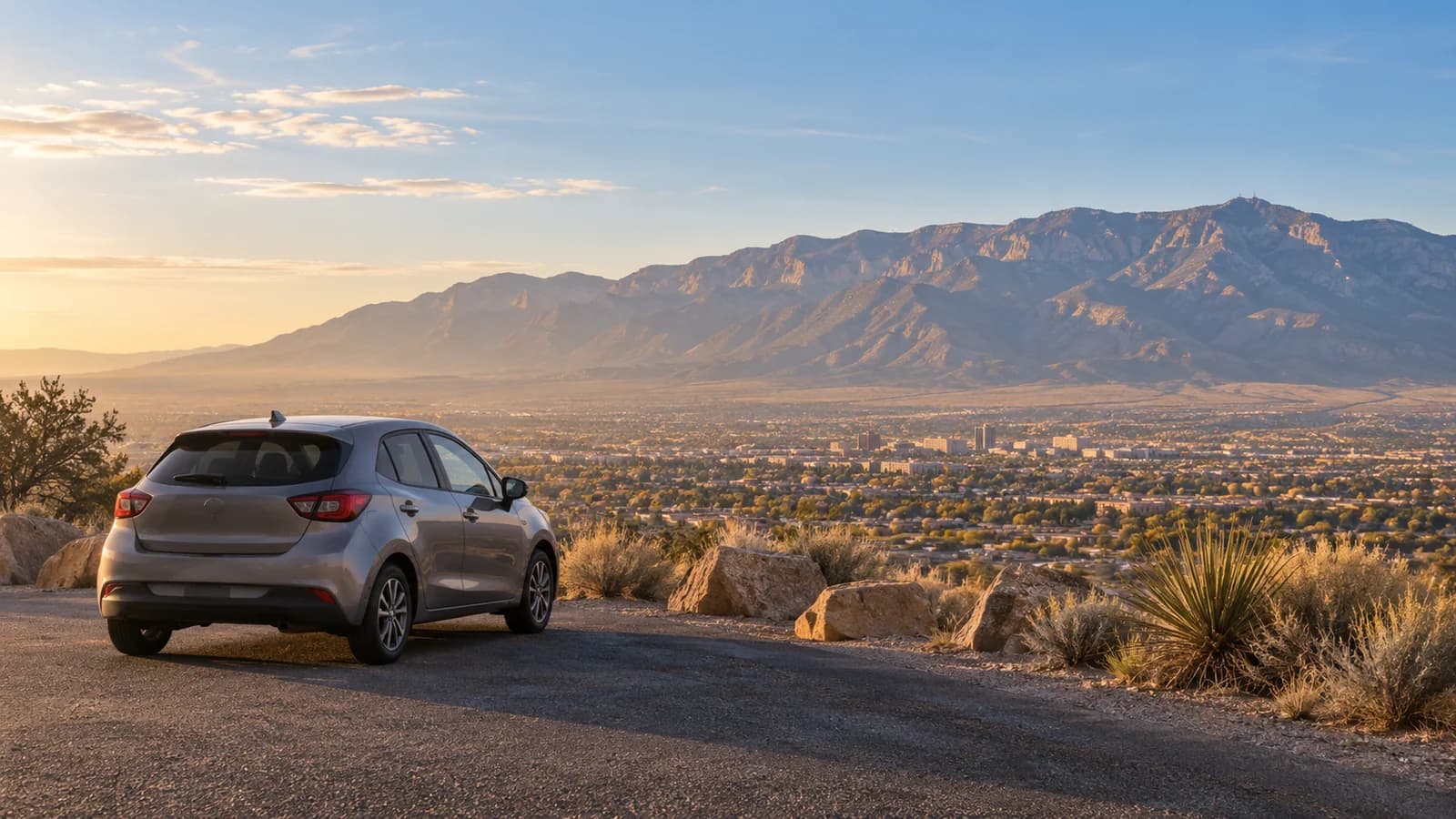 Illustration of an unbranded rental car at an Albuquerque overlook with the Sandia Mountains beyond.