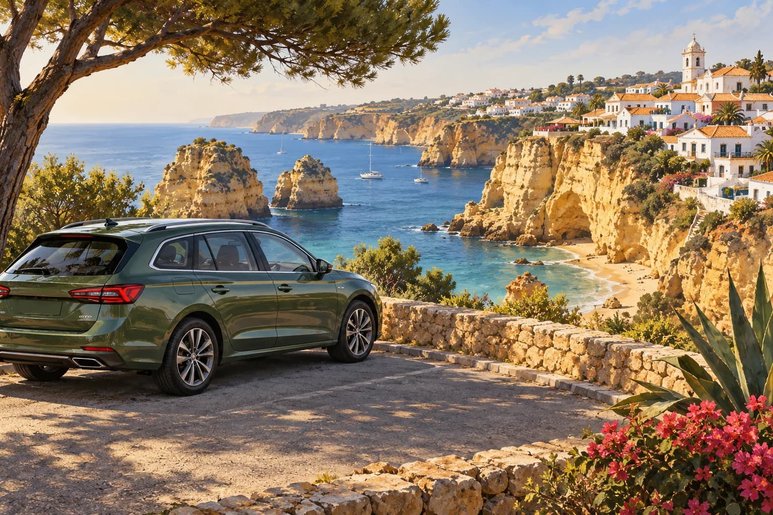 Algarve car hire illustration showing an olive estate rental car parked above golden sea cliffs, blue water and a white Portuguese coastal village.