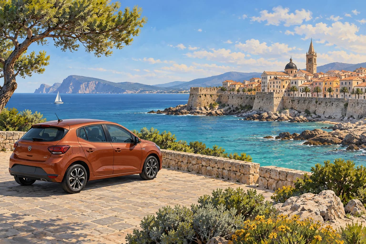 Alghero car hire illustration showing an orange compact rental car at a paved coastal lookout above turquoise water and a fortified Sardinian seafront.