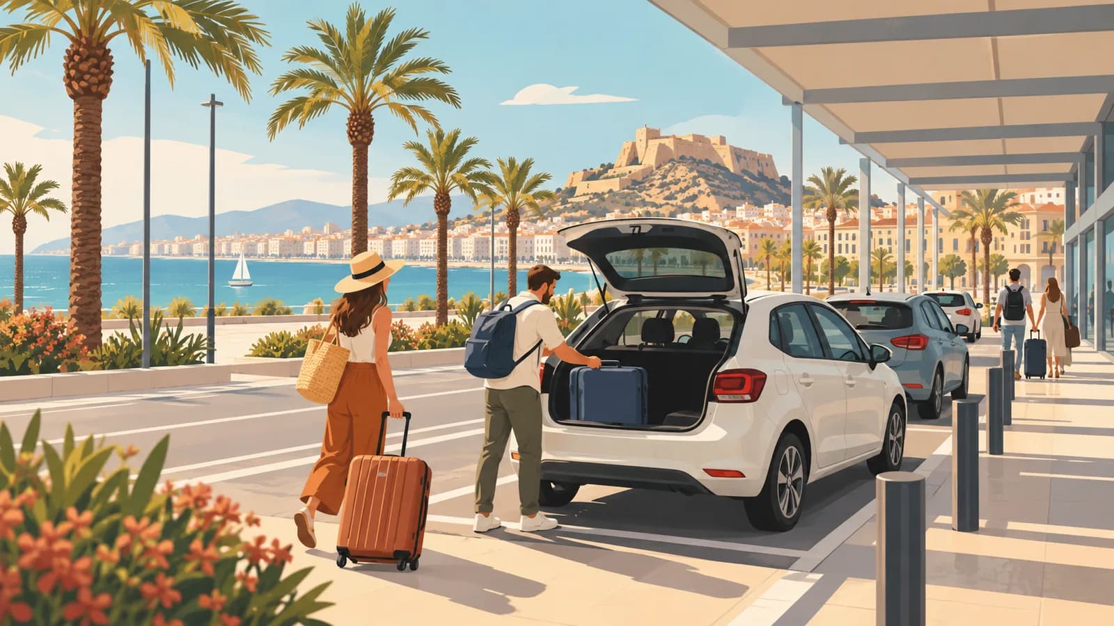 Conceptual Alicante rail pickup illustration showing travellers loading a car near palms and a coastal skyline