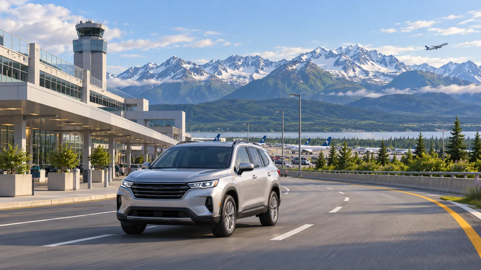 Conceptual Anchorage airport travel illustration showing a silver SUV on a paved airport approach, with terminal buildings and snowy mountains beyond.