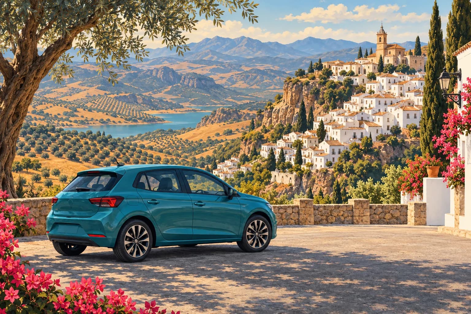 Andalusia journey illustration showing a teal rental crossover beside a country road, olive groves and a white hilltop village.