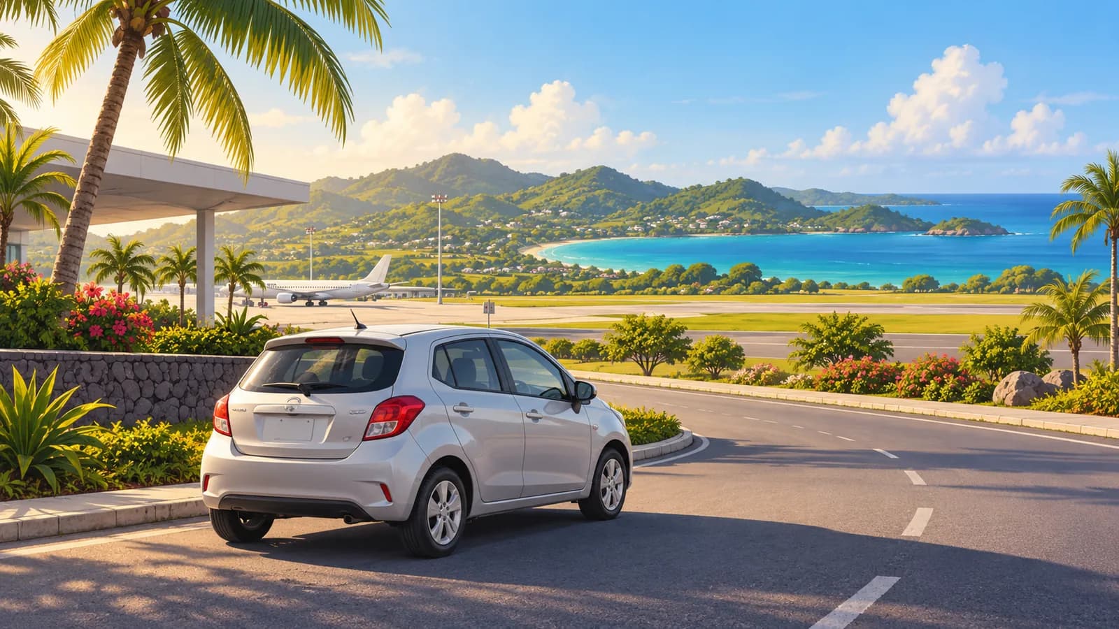 Conceptual illustration of a compact car on an Antigua airport approach with green hills and a turquoise bay.