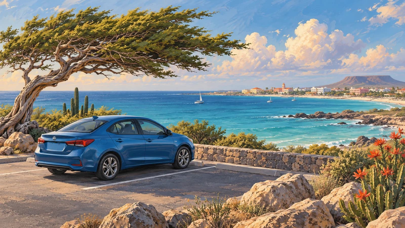 Aruba travel illustration showing a blue rental sedan parked on pavement beside dry island scrub, a divi divi tree and turquoise Caribbean water.