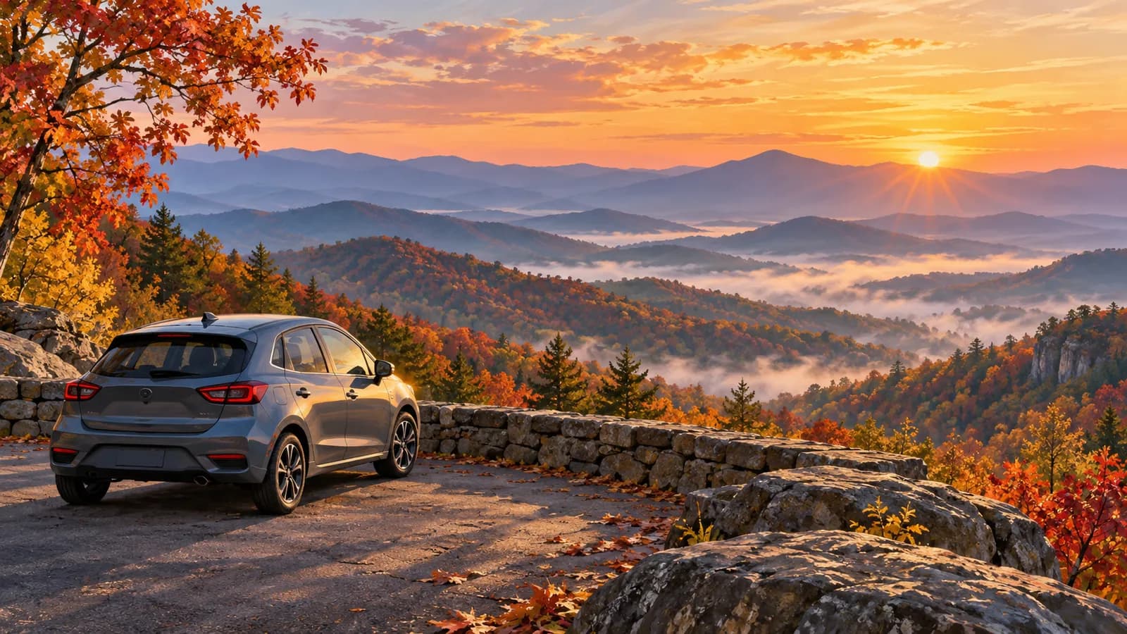 Asheville car rental illustration showing an unbranded car at a Blue Ridge Mountains overlook in autumn.