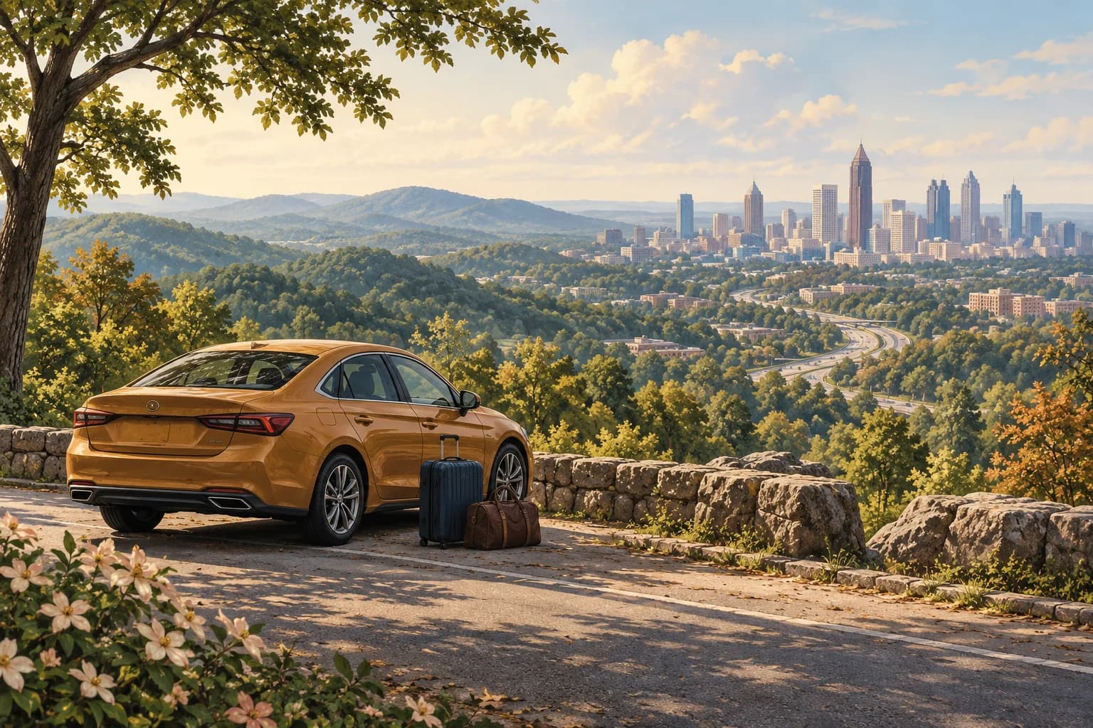 Atlanta airport car rental illustration showing an ochre sedan and luggage at a leafy paved overlook above green Georgia hills and the city skyline.